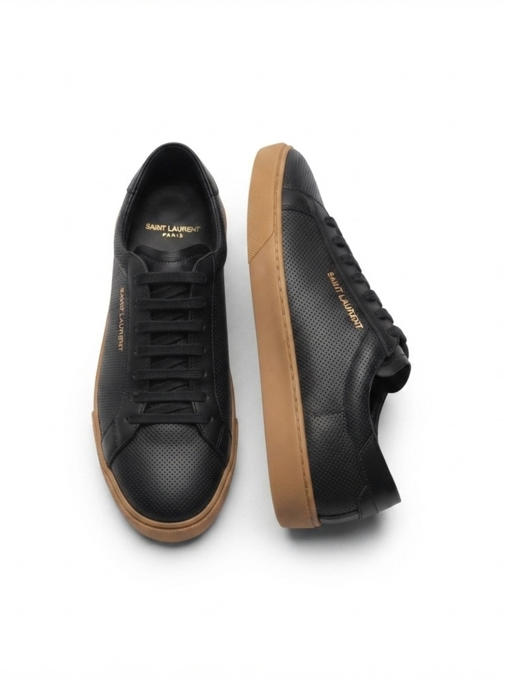 Saint Laurent Black Leather Low-Top Sneakers with Tan Gum Sole - Picture 2 of 14